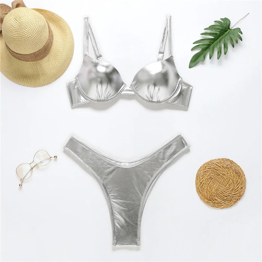 Sexy Metallic Brazilian Bikini Push Up Silver Golden