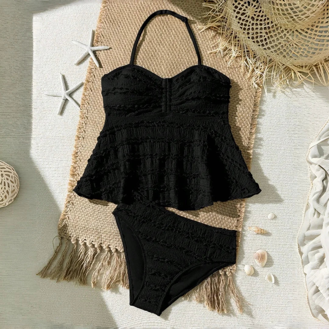 2pcs Tween Girl Black White Color Bikini Swimsuit Set Solid Color