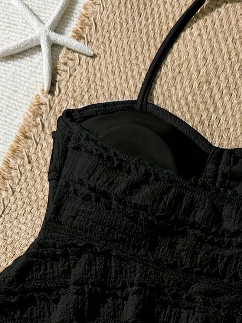 2pcs Tween Girl Black White Color Bikini Swimsuit Set Solid Color