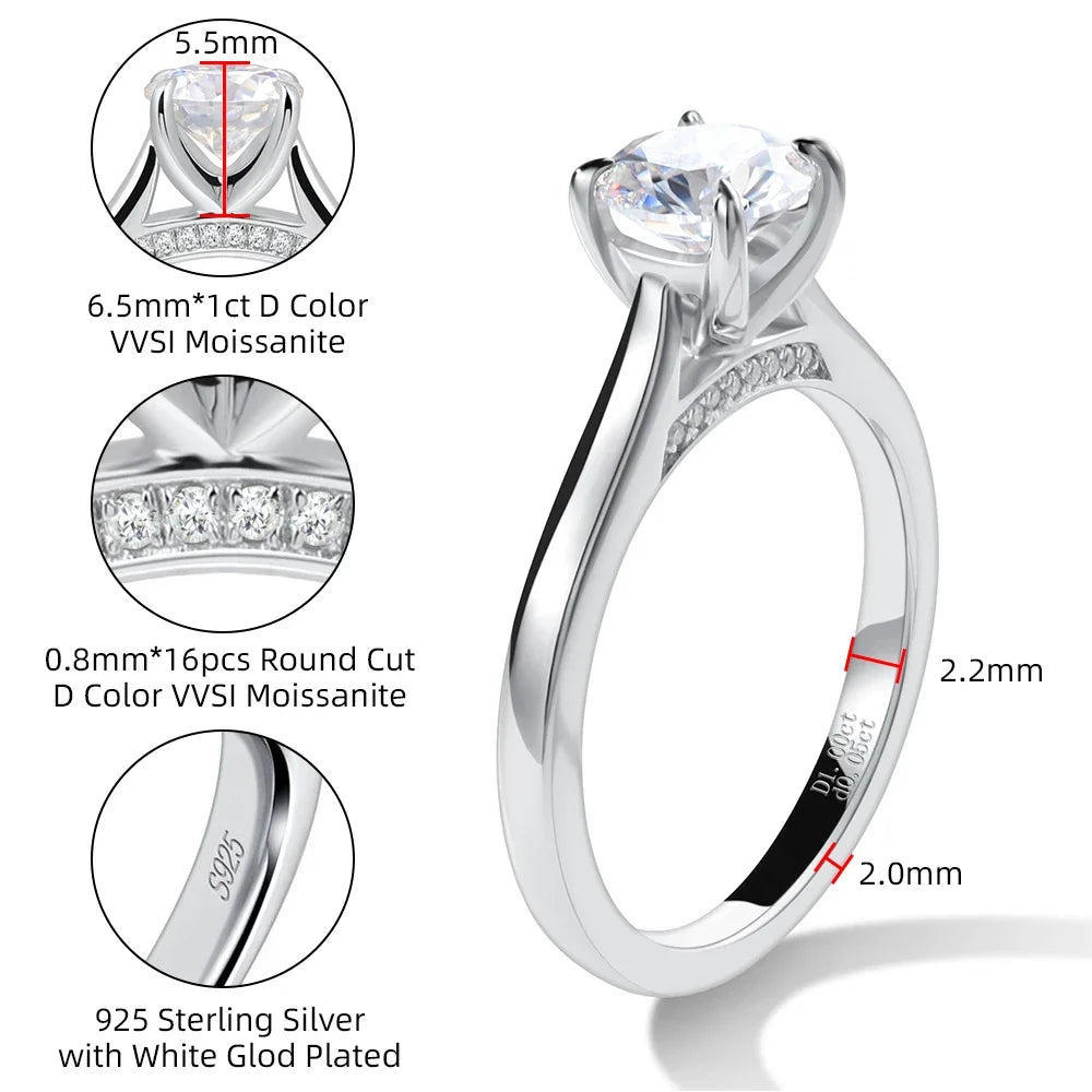 1CT Moissanite Engagement Ring S925 Sterling Silver White Gold Plated