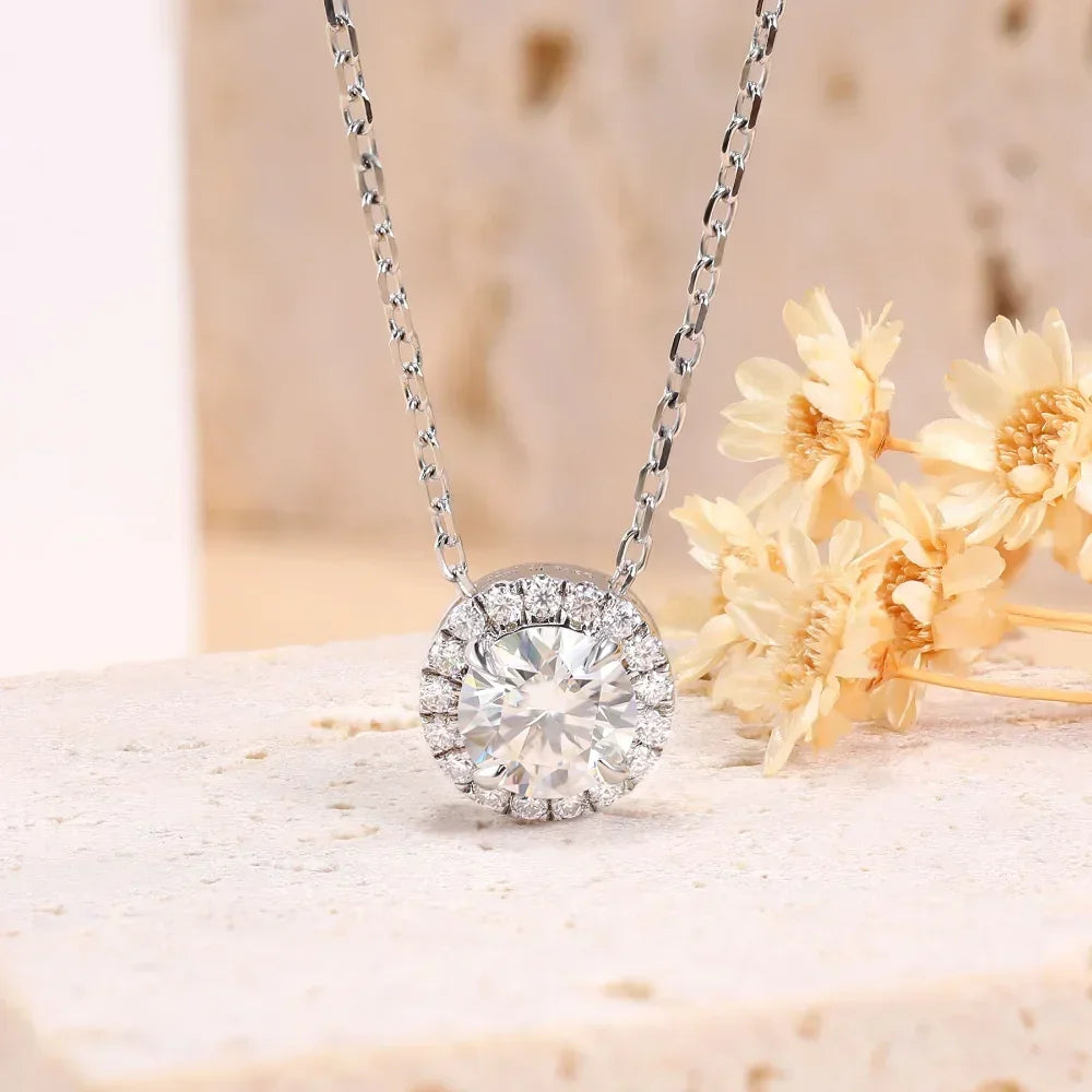 Moissanite Necklace 0.5ct/1ct D Color Round Cut Pendant 18K White Gold Plated