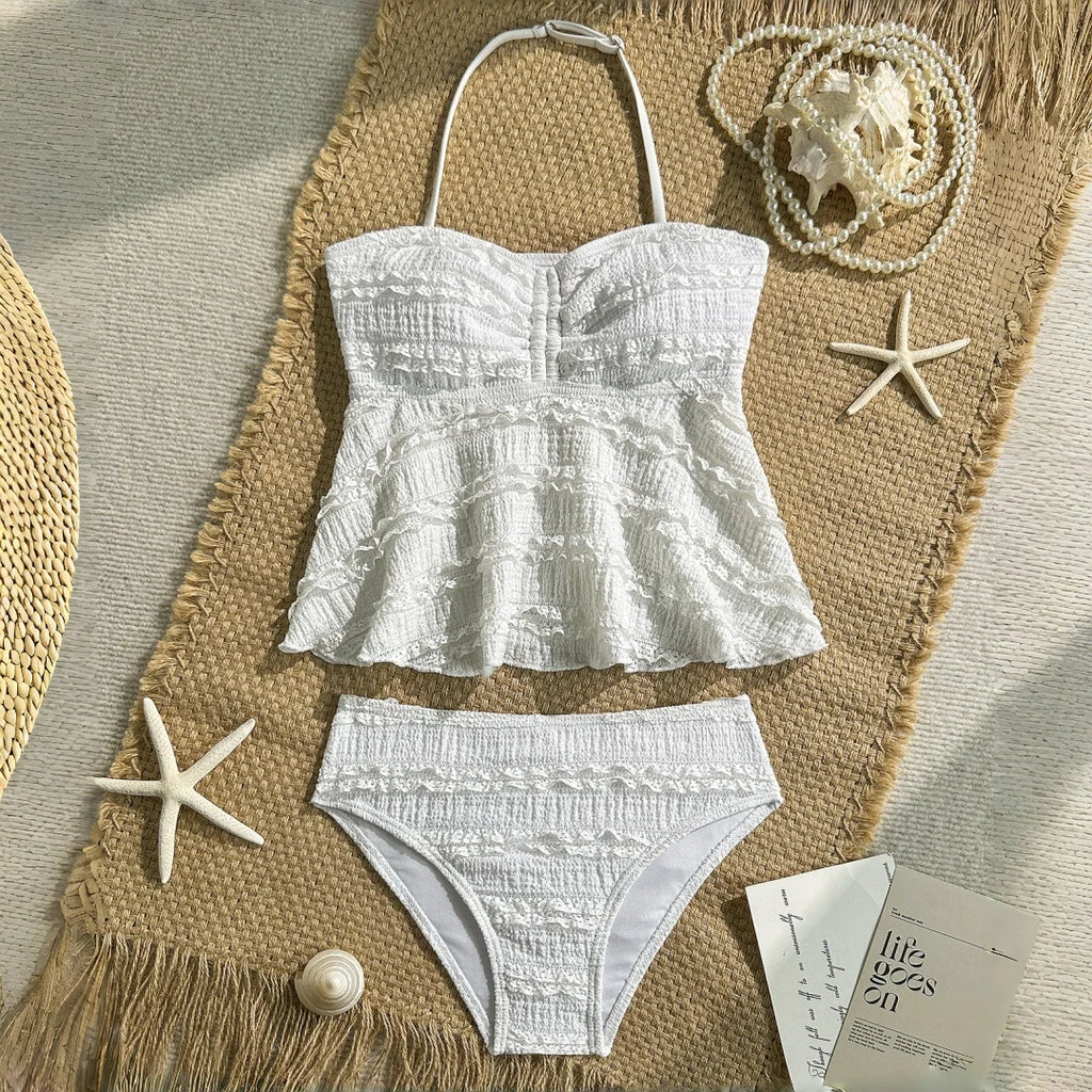 2pcs Tween Girl Black White Color Bikini Swimsuit Set Solid Color