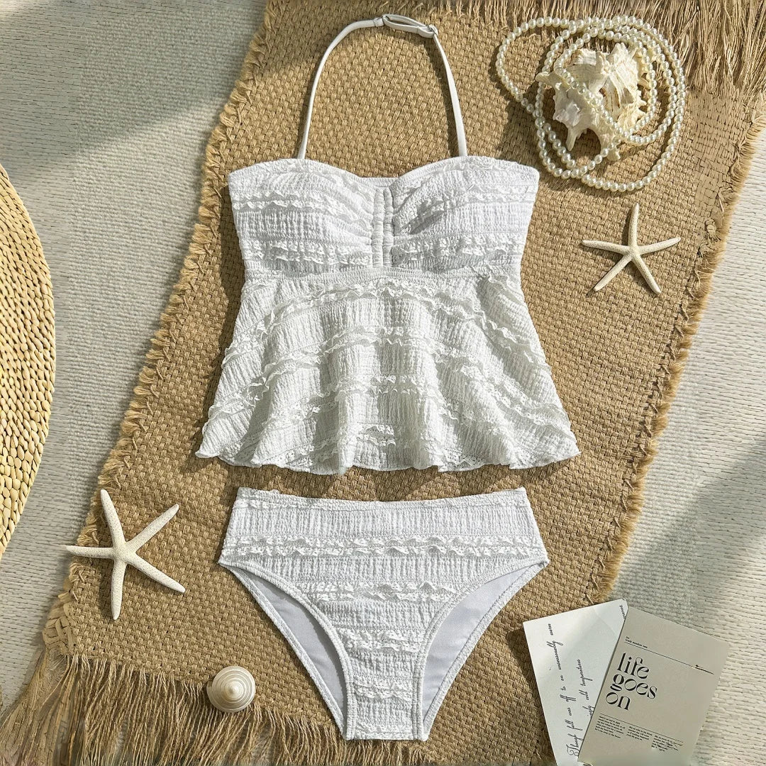 2pcs Tween Girl Black White Color Bikini Swimsuit Set Solid Color