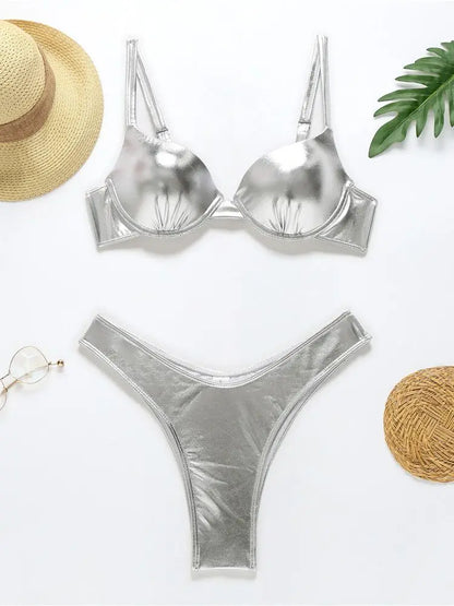 Sexy Metallic Brazilian Bikini Push Up Silver Golden