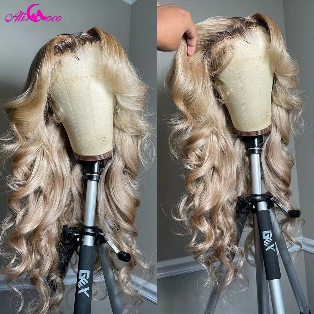 180 Density Brown Roots Ash Blonde Body Wave Lace Frontal
