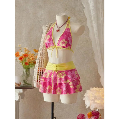 Elegant Floral Color Block Swimsuit Women 2026 Bikini Three-Piece